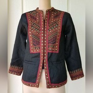 Black Multicolor Indian Embroidered Faux Mirrors Boho Hippie Jacket Size XS
